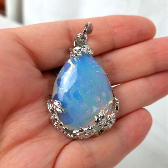 Opalite Pendant With Silver Floral Filigree Setting - Picture 3 of 7